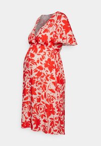 Röd blommig gravidklänning med v-ringning, korta ärmar och elastisk midja. Tillverkad av lättviktig tyg, idealisk för komfort.