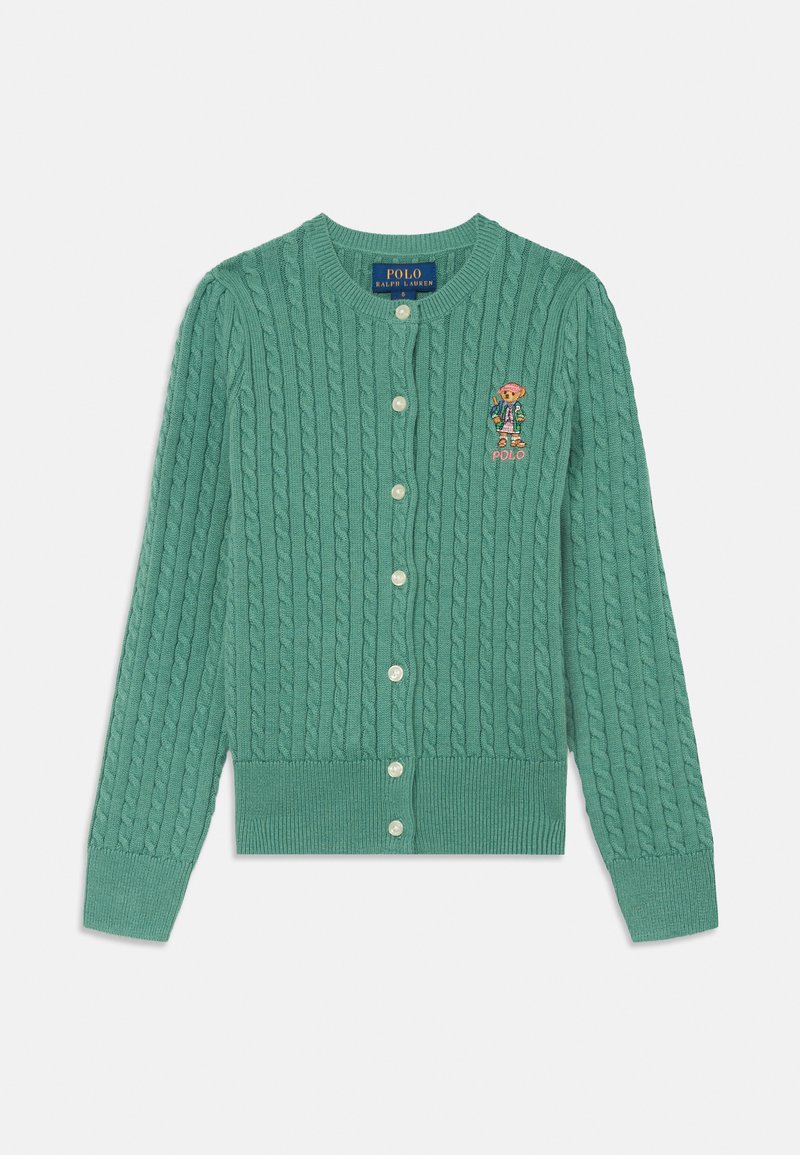 Cardigan de punto trenzado en azul verdoso, con cuello redondo, cierre de botones y un gráfico bordado en el pecho. Textura suave.