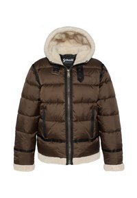 Brun pufferjakke med en fluffy cremefarvet hætteforing, sorte accenter, horisontal quiltet design og en frontlynlås.