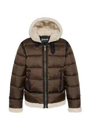 Bruine pufferjack met een fluffy crémekleurige capuchonvoering, zwarte accenten, horizontaal gewatteerd ontwerp en een frontale rits.