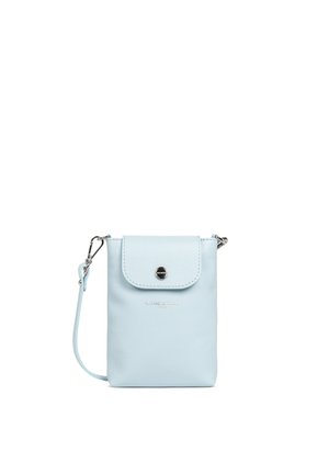 Light blue leather crossbody bag with a flap closure, silver hardware, and embossed logo. Compact rectangular shape with a smooth texture.
