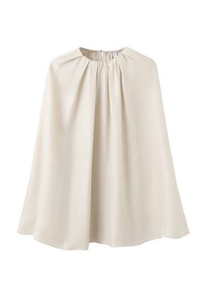 Pelerină bej realizată dintr-un material neted, cu guler înalt și detalii adunate, având un design fluid și drapat. Fără închizători sau modele vizibile.