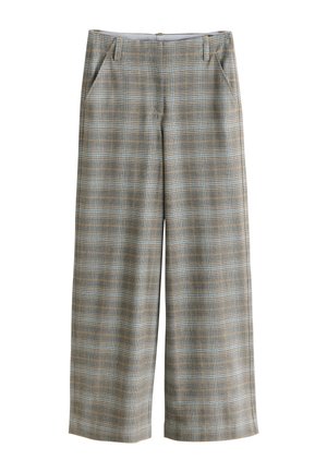 Magas derekú, széles szárú nadrág, szürke, bézs és világoskék kockás mintával és oldalzsebekkel.