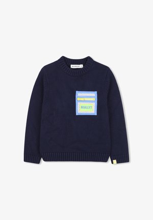Pull en maille bleu marine avec un col rond, comportant une poche colorée avec un design "VRAIMENT ?" et un détail de fermeture éclair jaune.