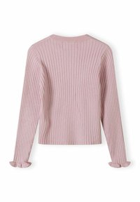 Maglione a maniche lunghe a coste in morbido rosa pastello, con scollo rotondo e bordi leggermente svasati e increspati ai polsini.