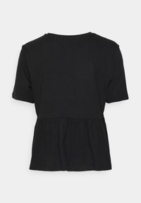 Černé tričko s krátkým rukávem a kulatým výstřihem, s peplum spodním designem, vyrobené z měkké látky s hladkou strukturou.