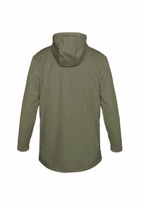 Olivgrüne wasserdichte Jacke aus glattem, synthetischem Material. Verfügt über eine Kapuze, lange Ärmel und einen geraden Saum. Schlichtes Design.