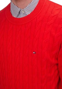 Pull en maille rouge avec un motif en câble, col rond côtelé et un petit logo sur la poitrine. Chemise rayée avec col en-dessous.