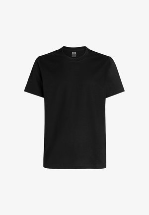 T-shirt noir à manches courtes en coton doux. Présente un col rond et une coupe décontractée, sans logos ni motifs visibles.