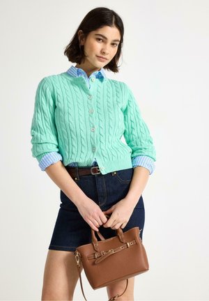 Giovane donna che indossa un cardigan verde menta a maglia a trecce sopra una camicia a righe blu, gonna di jeans scuro, che tiene una borsa di pelle marrone.