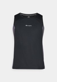 Schwarzes ärmelloses Sporttanktop mit gerippter Textur, das graue Akzente und ein kleines Champion-Logo auf der Brust hat.