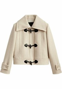 Beżowy krótki płaszcz z szerokim kołnierzem, czarnymi zapięciami na toggle i mankietami zapinanymi na guziki. Teksturowany materiał i dopasowany krój z prostymi liniami.