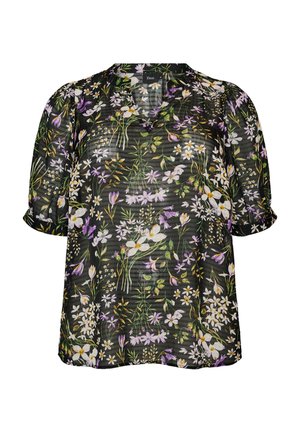 Zizzi, GEBLÜMTE BLUSE MIT V-AUSSCHNITT - Bluse - schwarz