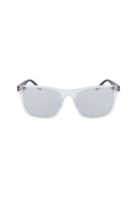 Occhiali da sole in acetato trasparente con lenti grigie rettangolari. Presentano dettagli neri sulle astine. Design leggero e moderno.