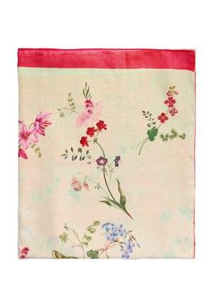 Silk scarf with red border and delicate floral print featuring pink, red, purple, and blue flowers on a cream background.