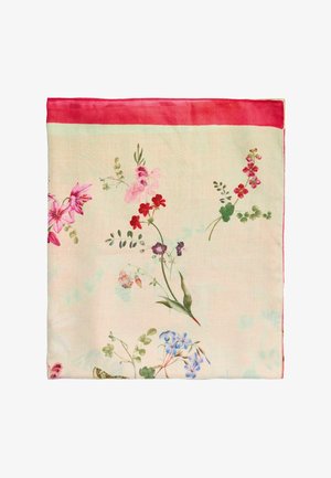 Silk scarf with red border and delicate floral print featuring pink, red, purple, and blue flowers on a cream background.