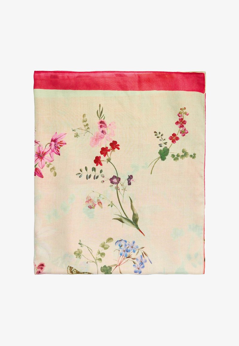Foulard en soie avec bordure rouge et délicat motif floral présentant des fleurs roses, rouges, violettes et bleues sur fond écru.