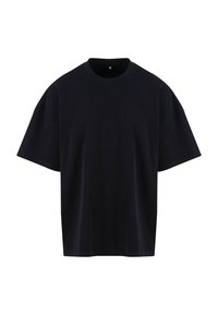 T-shirt noir à manches courtes avec col rond en taille moyenne, présenté sur fond blanc.