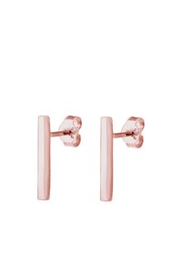 Boucles d'oreilles rectangulaires en or rose avec surface lisse, dotées d'une fermeture papillon. Design minimaliste et forme élégante.