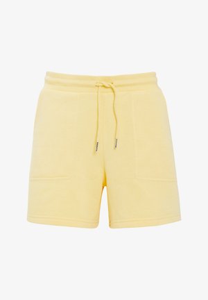 Gele katoenen short met een elastische tailleband met trekkoord, twee steekzakken aan de voorkant en stiksels voor extra details.