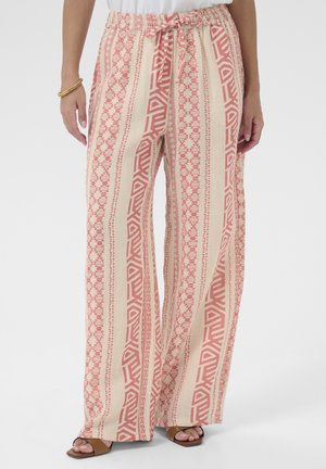 Lichte stofbroek met een roze en crèmekleurig geometrisch patroon, voorzien van een elastische tailleband en een wijdpijpenontwerp.