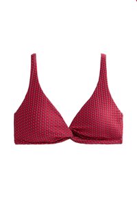 Czerwony trójkątny top bikini z teksturowanej tkaniny, z cienkimi regulowanymi ramiączkami i skręconym przodem.