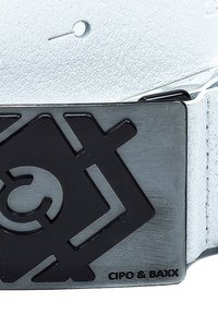 White leather belt featuring a black rectangular metal buckle with an abstract geometric design. The buckle is engraved with "CIPO & BAXX."