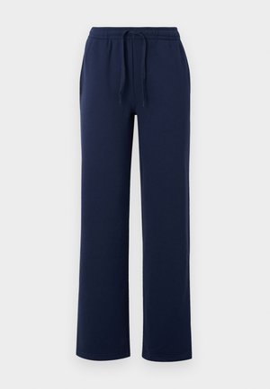 Marineblaue Jogginghose aus weichem Baumwollmaterial, mit einem elastischen Bund und einem Kordelzug, seitlichen Taschen und einem geraden Schnitt.