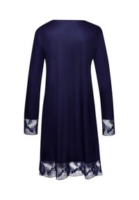 Abito blu navy con maniche lunghe e scollatura rotonda, arricchito da dettagli in pizzo sui polsini e sull'orlo.