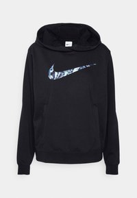 Černá mikina Nike s kapucí, na hrudi modré logo swoosh v mramorovém vzoru, přední klokanková kapsa a připevněná kapuce.
