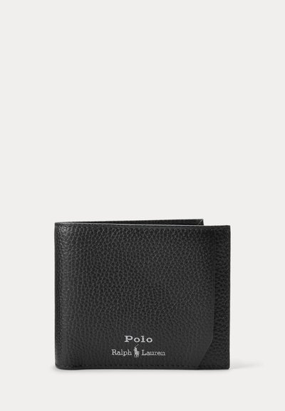 Sort tekstureret læder bifold pung med hvid Polo Ralph Lauren-logo trykt på forreste nederste højre hjørne.