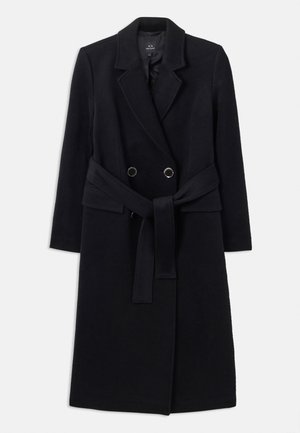 Black wool blend long coat with a double-breasted design, notch lapels, a tie belt, and silver-tone hardware accents.