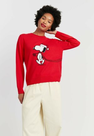 Rode trui van gebreid materiaal met een zwart-wit Snoopy-graphic in een kerstmanmuts, met lange mouwen en geribbelde manchetten.