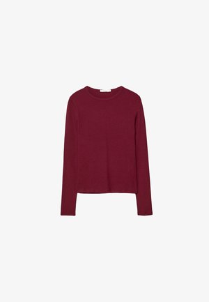 Burgunderfarbenes Langarmoberteil mit rundem Ausschnitt, aus weichem Stoff gefertigt. Hat ein tailliertes Design und einen geraden Saum. Keine Muster oder Akzente sichtbar.