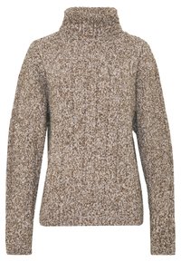 Pullover in maglia marrone con collo alto, caratterizzato da una finitura testurizzata e maniche lunghe. Il tessuto ha un aspetto morbido e peloso.