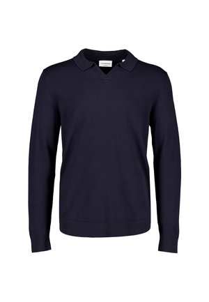 Mørkeblå langærmet sweater med polokrave og V-udskæring, lavet af fintstrikket stof, vist på en ensfarvet hvid baggrund.