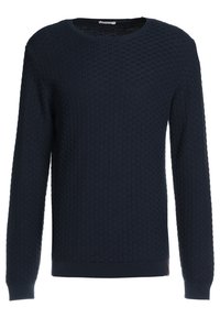 Mörkblå stickad tröja med ett texturerat mönster, rund halsringning och långa ärmar. Har ribbad nertill och vid ärmsluten; inga synliga logotyper.