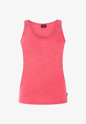 Růžový tílko vyrobené z měkké, texturované tkaniny. Má kulatý výstřih a složité detaily na ramínkách.