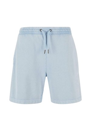 Világoskék rövidnadrág, puha szövetből készült, rugalmas derékkal és zsinórral, oldalzsebekkel és díszvarrással.