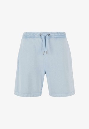 Vaaleansiniset shortsit, jotka on valmistettu pehmeästä kankaasta. Niissä on joustava vyötärö naruineen, sivutaskut ja koristeellinen ompelukuvio.