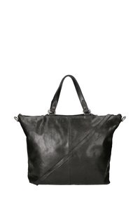 Borsa a tracolla nera in pelle con doppi manici e una tracolla rimovibile. Presenta una texture liscia e un design minimalista. Chiusura con zip nella parte superiore.