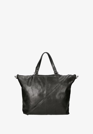Sac tote en cuir noir avec poignées doubles et une bandoulière amovible. Caractéristiques d'une texture lisse et d'un design minimaliste. Fermeture éclair sur le dessus.