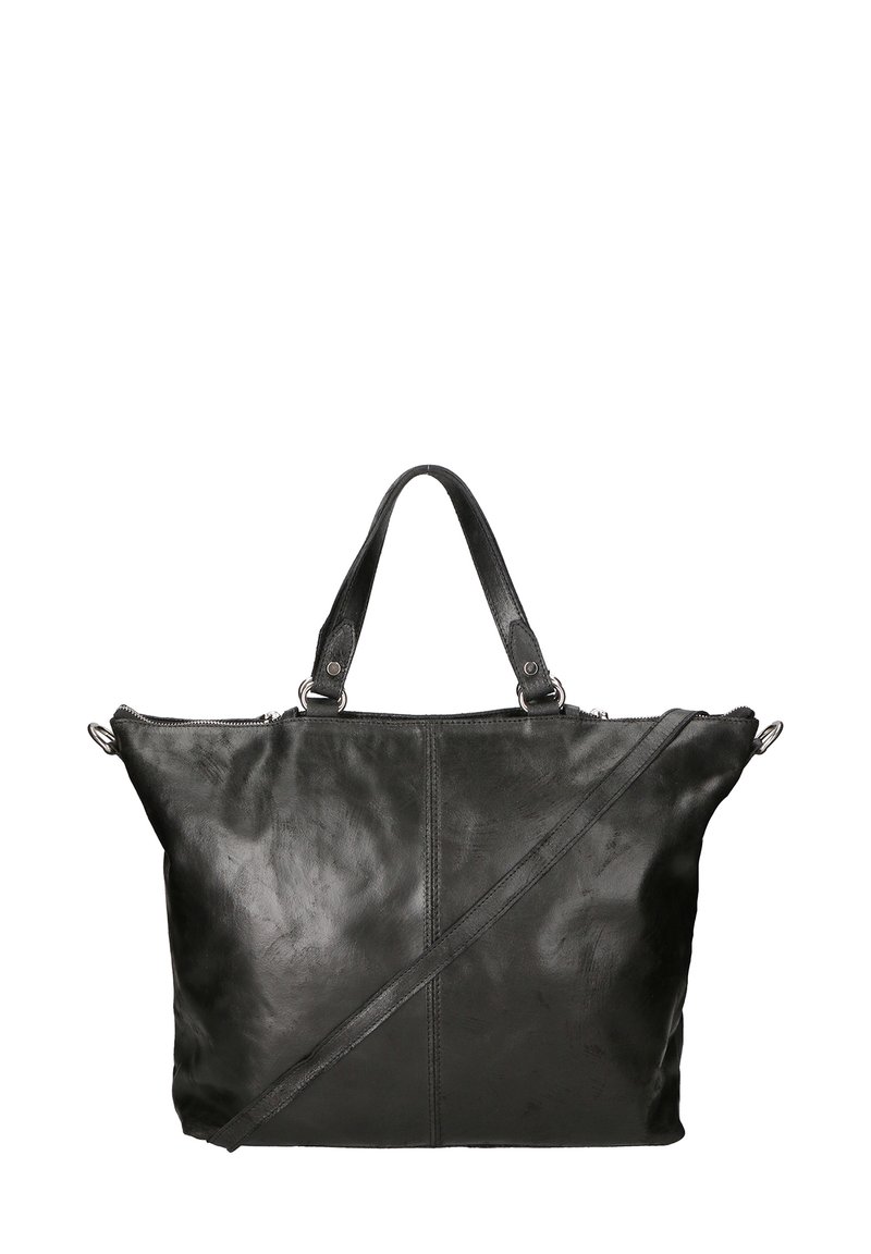 Borsa a tracolla nera in pelle con doppi manici e una tracolla rimovibile. Presenta una texture liscia e un design minimalista. Chiusura con zip nella parte superiore.