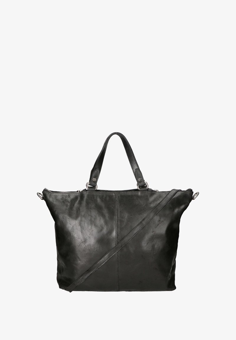 Borsa a tracolla nera in pelle con doppi manici e una tracolla rimovibile. Presenta una texture liscia e un design minimalista. Chiusura con zip nella parte superiore.
