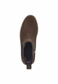 Brown suede ankle boot with a rounded toe, side zipper, and contrasting stitching along the sole. Soft interior lining visible.