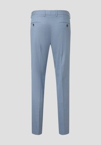 Helle blaue Hose mit taillierter Passform, glatter Textur und dezentem Karomuster; verfügt über zwei Gesäßtaschen mit Knopfverschluss.