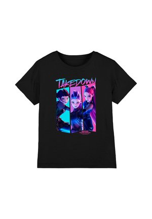 Black T-shirt with neon-colored graphic of three animated female characters and "TAKEDOWN" text above in vibrant colors.