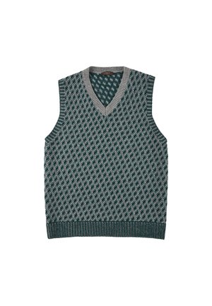 Mouwloze trui met V-hals in teal en grijs, met een gestructureerd ruitpatroon en een geribbelde onderrand en armsgaten. Zachte gebreide stof.