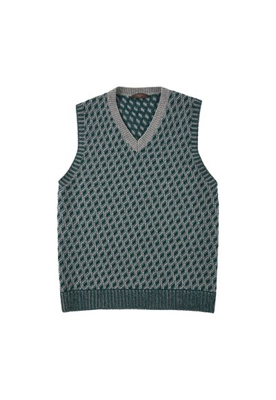 Ärmelloser V-Ausschnitt-Pullover in Türkis und Grau, mit einem strukturierten Rautenmuster sowie geripptem Saum und Armöffnungen. Aus weichem Strickstoff.