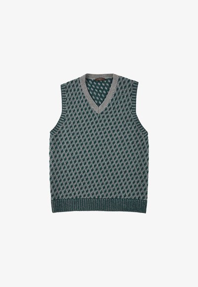 Ärmelloser V-Ausschnitt-Pullover in Türkis und Grau, mit einem strukturierten Rautenmuster sowie geripptem Saum und Armöffnungen. Aus weichem Strickstoff.